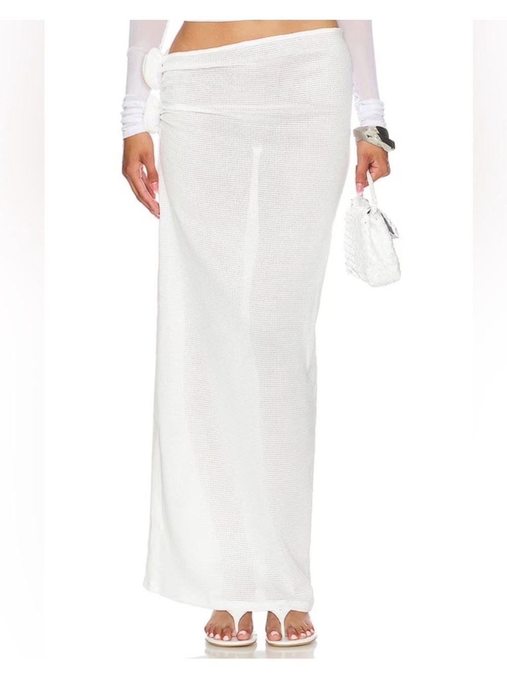 LIONESS Soul Mate Sheer Crochet Rosette Maxi Skirt White Open Knit Coastal S